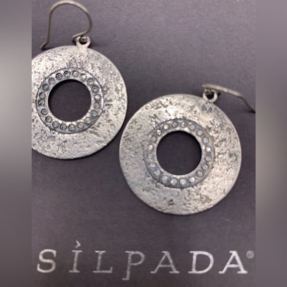Silpada Vintage Textured Oxidized Sterling & Cubic Zirconia Disc Earrings - Picture 2 of 15